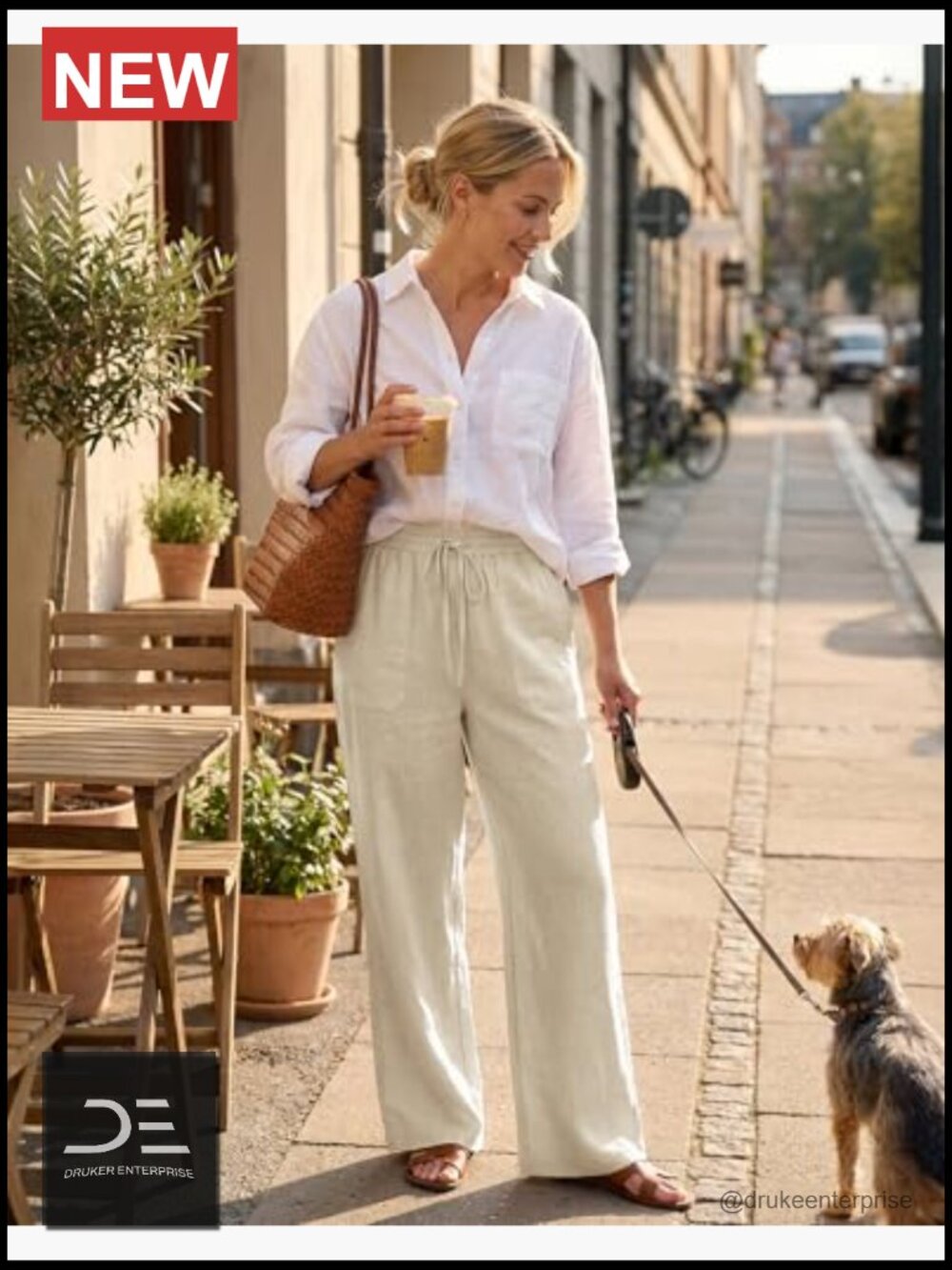Wide Leg Palazzo Pants with Pockets Drawstring Flowy Beach Linen Trousers - Picture 3 of 6